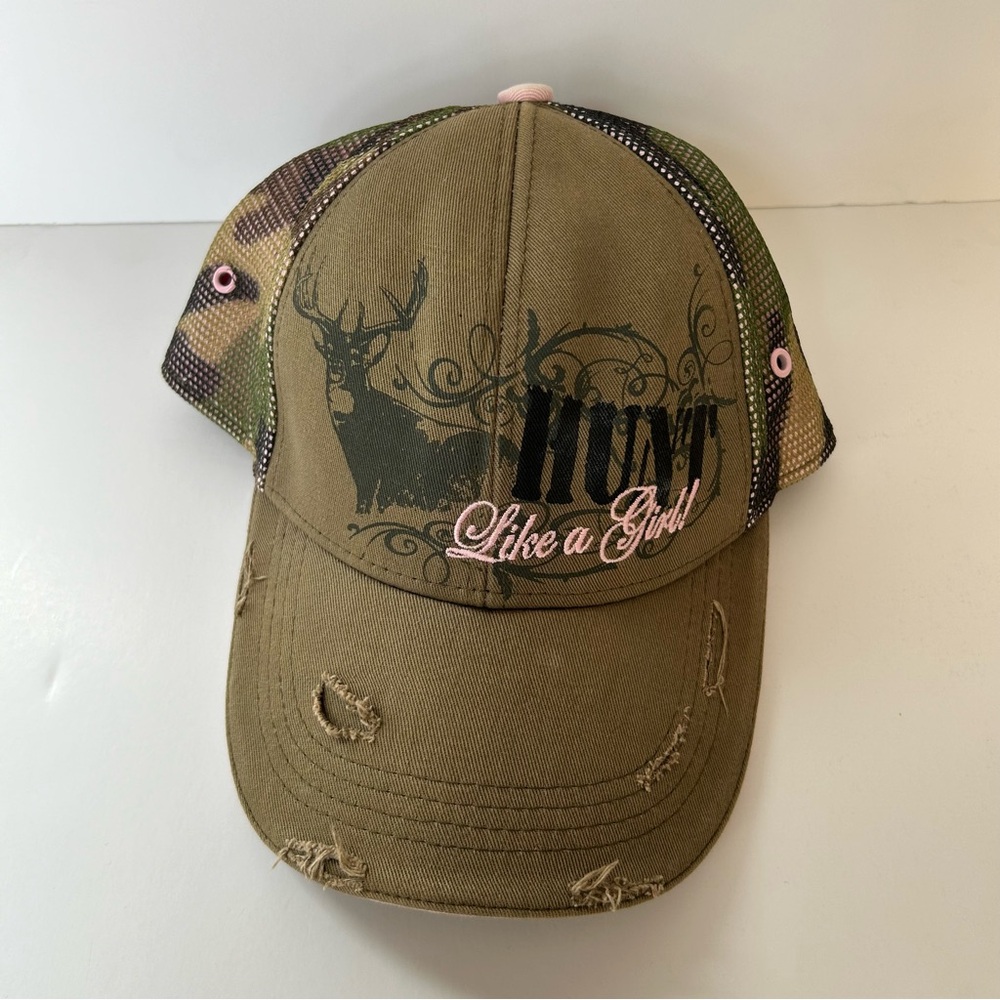 Buckwear Hunt Like a Girl! Pink Green Camo Baseball Hat Cap Deer Antlers Hunting